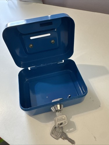 Blue metal lockable cash box - metal,